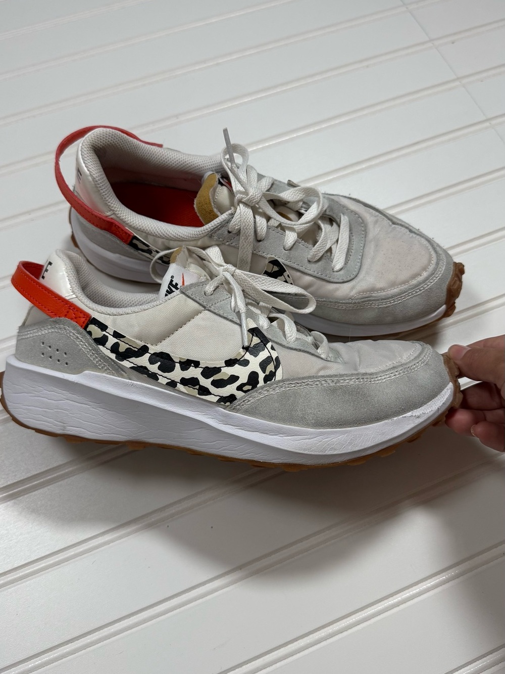 Nike Women's White and Red Leopard-Print Retro Runner Sneakers